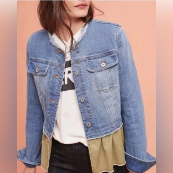 Pilcro And The Letterpress @ Anthropologie Olive Peplum Denim Jacket Size Small - Picture 2 of 9